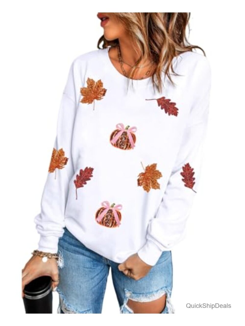 Women Sequin Pumpkin Sweatshirt Long Sleeve Pullover Top